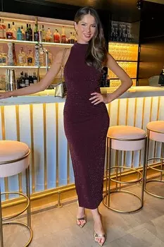 Блестящее облегающее платье миди с халтер воротником и сборками Ax Paris, фиолетовый