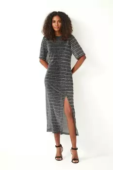 Блестящее платье футболка миди с короткими рукавами Next, серебряный