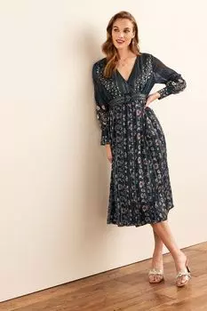 Блестящее платье миди и поясом Next, синий