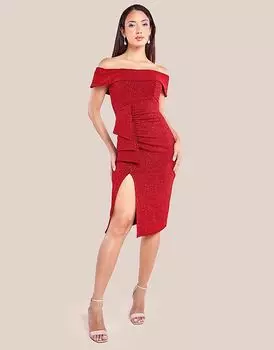 Блестящее платье-миди с бардо и оборками-водопадами красного цвета Goddiva