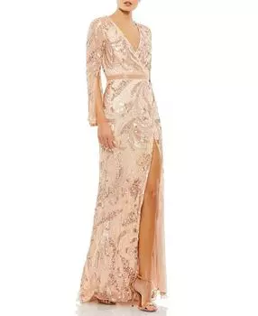 Блестящее платье с ложной запашкой, разрезом и длинными рукавами Mac Duggal, золотой