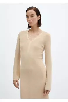 Блестящее трикотажное платье миди Mango, золотой