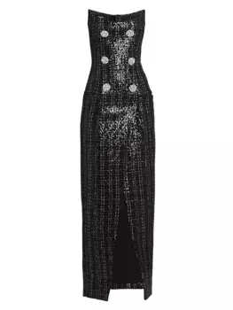 Блестящее твидовое платье без бретелек Balmain, черный