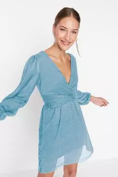 Блестящее вечернее платье синего цвета с рукавами Trendyol, синий