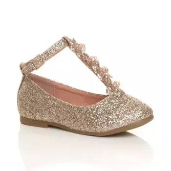 Блестящие балетки на плоском каблуке с Т-образной планкой AJVANI, розовое золото