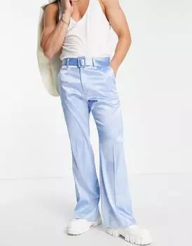Блестящие голубые расклешенные брюки с поясом ASOS DESIGN