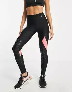 Блестящие леггинсы Puma Running с завышенной талией в черно-розовом цвете