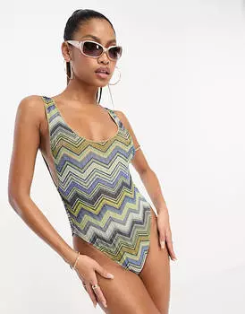 Блестящий купальник с овальным вырезом ASOS DESIGN и зигзагообразным принтом