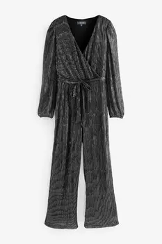 Блестящий плиссированный комбинезон с широкими штанинами и запахом спереди Sosandar, металлический