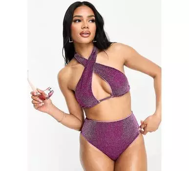 Блестящий розовый бикини-топ с бретелью через шею ASOS DESIGN mix and match