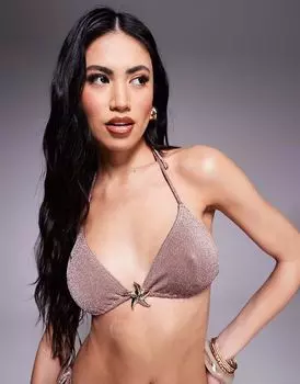 Блестящий треугольный бикини-топ South Beach с бретельками через шею в цвете тауп