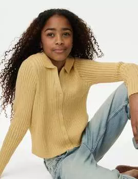 Блестящий вязаный кардиган из хлопка Marks & Spencer, желтый