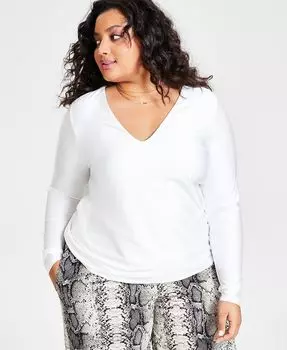Блестящий вязаный топ больших размеров с V-образным вырезом и длинными рукавами Bar III, белый