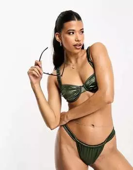 Блестящий зеленый бикини-топ на косточках со сборками и чашечками South Beach