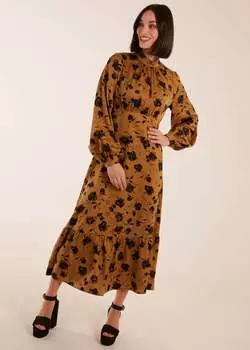 Blue Vanilla Золотое платье-миди с высоким воротником, многоярусной юбкой и пышным длинным рукавом, желтый металлик