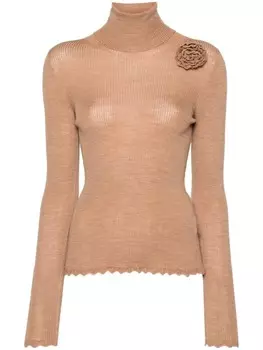 Blumarine джемпер с цветочной брошью и высоким воротом, нейтральный цвет
