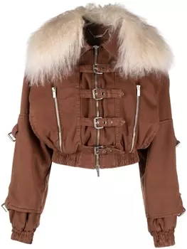 Blumarine джинсовый бомбер с меховым воротником, коричневый