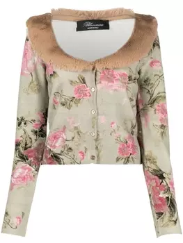 Blumarine кардиган с цветочным принтом и меховой отделкой, зеленый