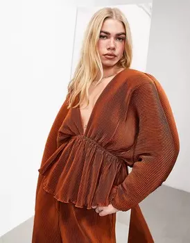 Блуза Asos Edition Plisse Volume Sleeve Plunge Neck, темно-оранжевый
