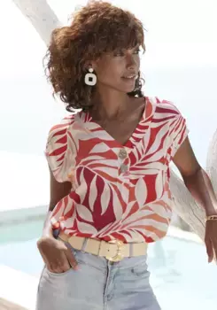 Блуза без шнуровки LASCANA, с принтом по всей поверхности и пуговицами, блузка с короткими рукавами, летняя, красный