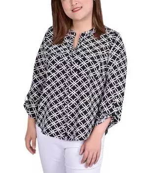 Блуза больших размеров с рукавами 3/4, завернутым хлястиком и Y-образным вырезом NY Collection