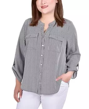 Блуза больших размеров с рукавами 3/4, завернутым хлястиком и Y-образным вырезом NY Collection