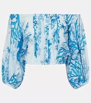 Блуза Bova с принтом и открытыми плечами из хлопка Poupette St Barth, Blue Oceanopolis
