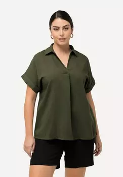Блуза BUTTON ACCENT BACK SHORT SLEEVE Ulla Popken, темно-зеленый