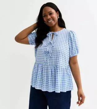 Блуза CHECKED TIE FRONT PEPLUM New Look Curves, синий