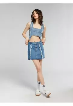 Блуза CON SCOLLO QUADRATO POPLAB Terranova, цвет Blu Denim Medio