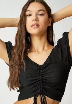 Блуза CROP PUFF SLEEVE SHIRRED V NECK Koton, черный