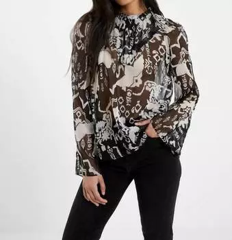 Блуза Deon Hallie с высоким воротом и помповерами в кремово-черном цвете French Connection