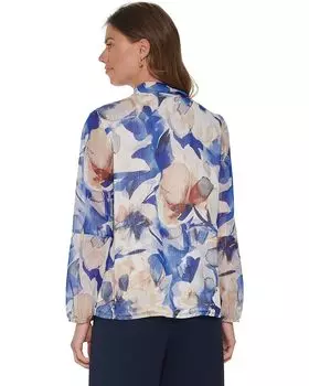 Блуза DKNY Long Sleeve Tie Neck Blouse, цвет Painted Floral/Deep Cobalt Multi