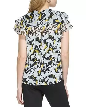 Блуза DKNY Short Sleeve Button Front Pleated Blouse, цвет Black/Pop Yellow Multi