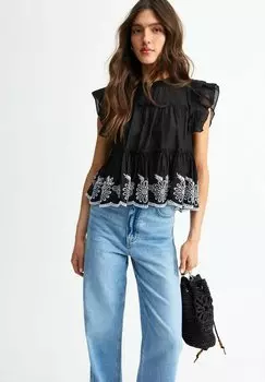 Блуза FLORAL EMBROIDERED FRILLY New Look, черный