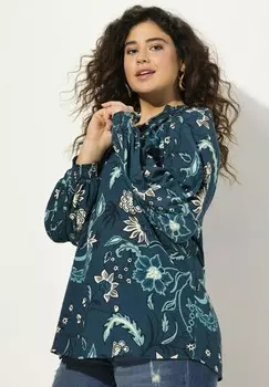 Блуза FLORAL SMOCKED LONG SLEEVE Ulla Popken, бирюзовый