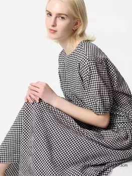 Блуза из ткани сирсакер в клетку с коротким рукавом Uniqlo, цвет 09 черный
