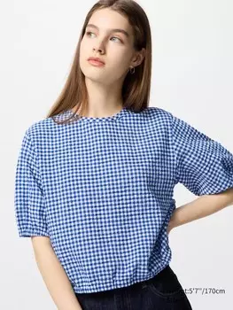 Блуза из ткани сирсакер в клетку с коротким рукавом Uniqlo, цвет 65 синий