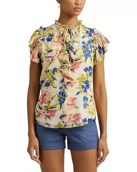 Блуза LAUREN Ralph Lauren Floral Ruffle-Trim Georgette, цвет Cream/Blue Multi