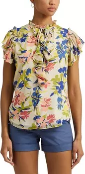 Блуза Lauren Ralph Lauren Floral Ruffle-Trim Georgette Blouse, цвет Cream/Blue Multi