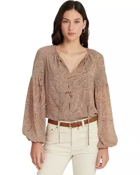 Блуза LAUREN Ralph Lauren Paisley Georgette Tie-Neck, цвет Tan/Cream/Pink