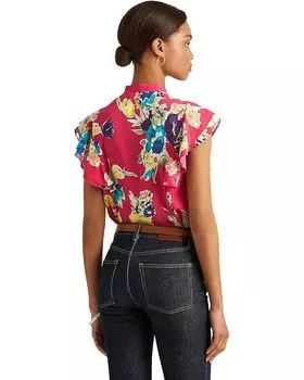 Блуза LAUREN Ralph Lauren Petite Floral Georgette Tie Neck Blouse, цвет Pink Multi