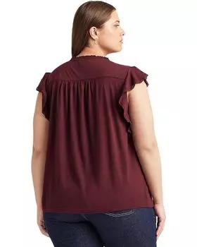 Блуза LAUREN Ralph Lauren Plus Size Lace-Trim Jersey Flutter-Sleeve Blouse, цвет Vintage Burgundy