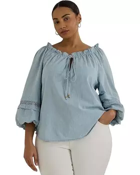 Блуза LAUREN Ralph Lauren Plus-Size Lace-Trim Chambray Tie-Neck, цвет Medium Chambray Wash