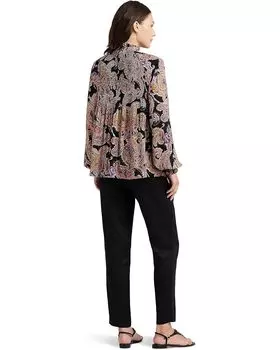 Блуза LAUREN Ralph Lauren Print Pleated Georgette Tie-Neck Blouse, цвет Black/Yellow/Multi