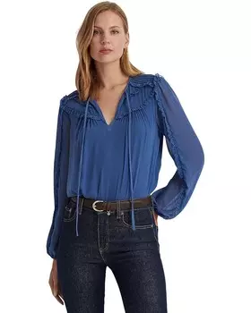 Блуза LAUREN Ralph Lauren Ruffle-Trim Georgette Tie-Neck, цвет Frosted Lapis