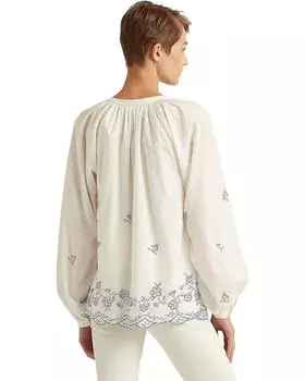 Блуза LAUREN Ralph Lauren Swiss Dot Cotton Blouse, цвет White/Blue