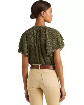 Блуза LAUREN Ralph Lauren Tie Neck Crinkle Jacquard Blouse, цвет Dark Tropical Olive