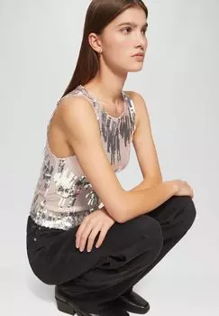 Блуза LEICHT TRANSPARENTES MIT PAILLETTEN QS, бежевый