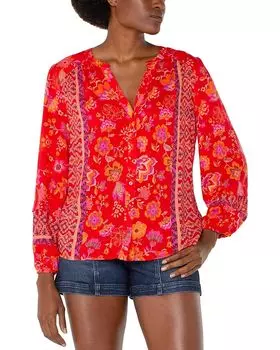 Блуза Liverpool Los Angeles Long Sleeve Button Front Shirred Woven Blouse, цвет Red/Orange/Floral